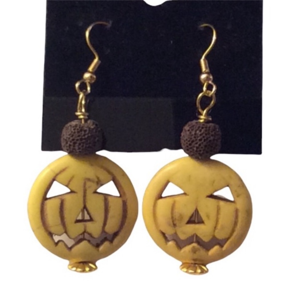 HANDMADE Spooky Composite STONE Jack O'Lantern BEADED Essential Oil Earrings